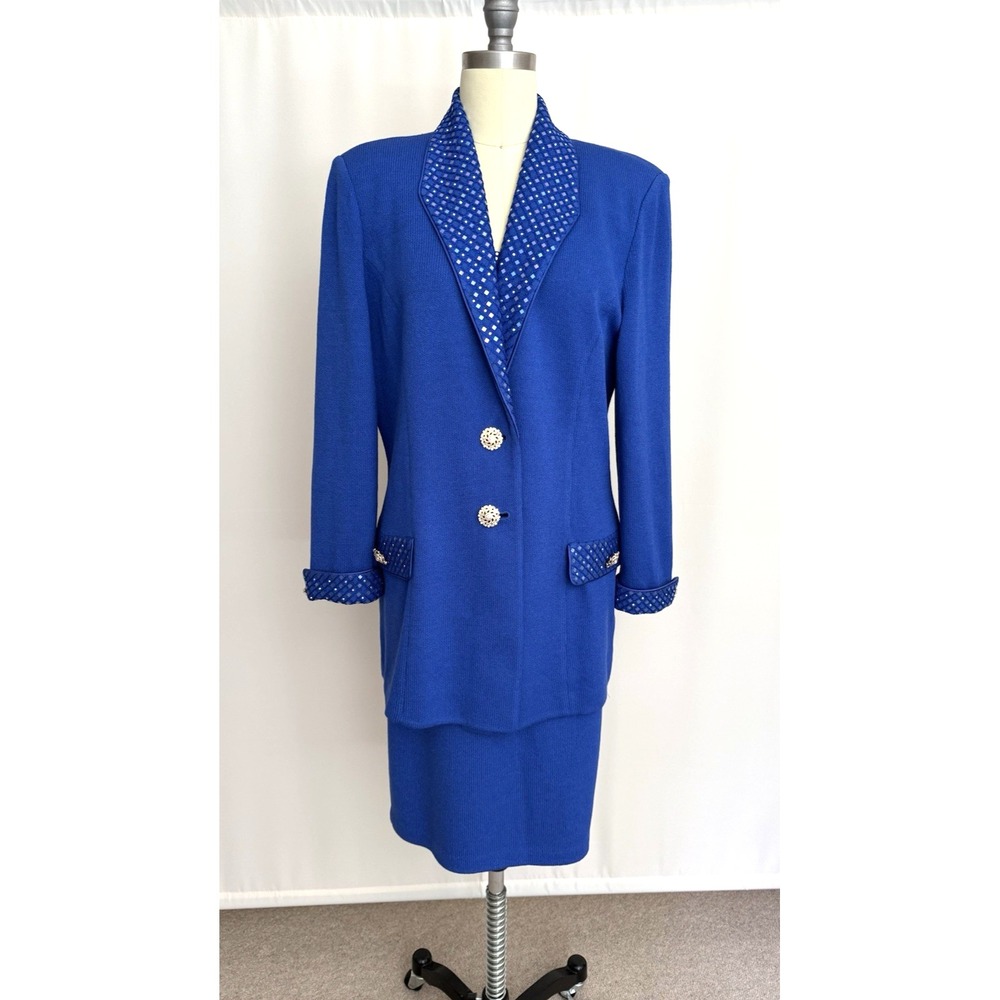 St John Evening 3-Pc Royal Blue Paillettes Skirt Suit Santana Knit  Size 12